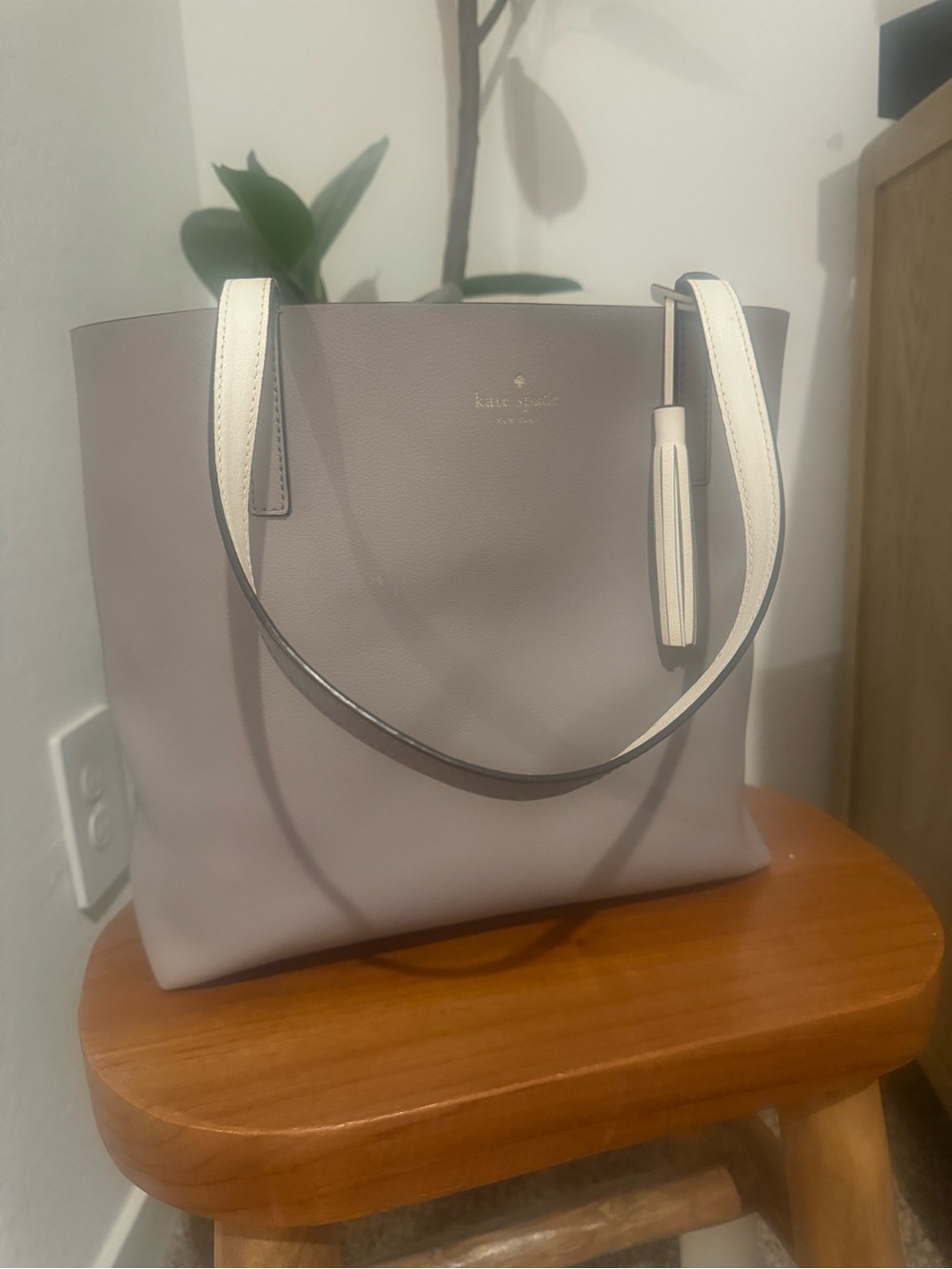 kate spade Taupe Tote with Cream Straps and Tassel